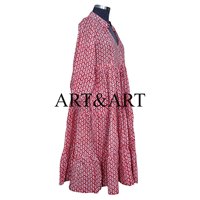 Robe mi-longue décontractée pour femme en coton indien imprimé au bloc, coupe régulière, éco-responsable, faite à la main, à manches longues, motif floral, pour l'été, naturelle