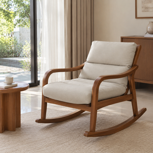 Silla Mecedora de Madera de Teca Sólida con Cojín Beige, Reposabrazos Curvos y Base de Madera para Muebles de Sala de Estar Interior - Product Image 6