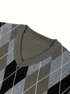 <b>Men's</b> Winter Fall Plaid Jacquard Long Sleeve <b>V</b>-<b>Neck</b> Pullover Y2K Trendy Knitwear Pattern Logo Decoration <b>Sweater</b> - Product Image 6