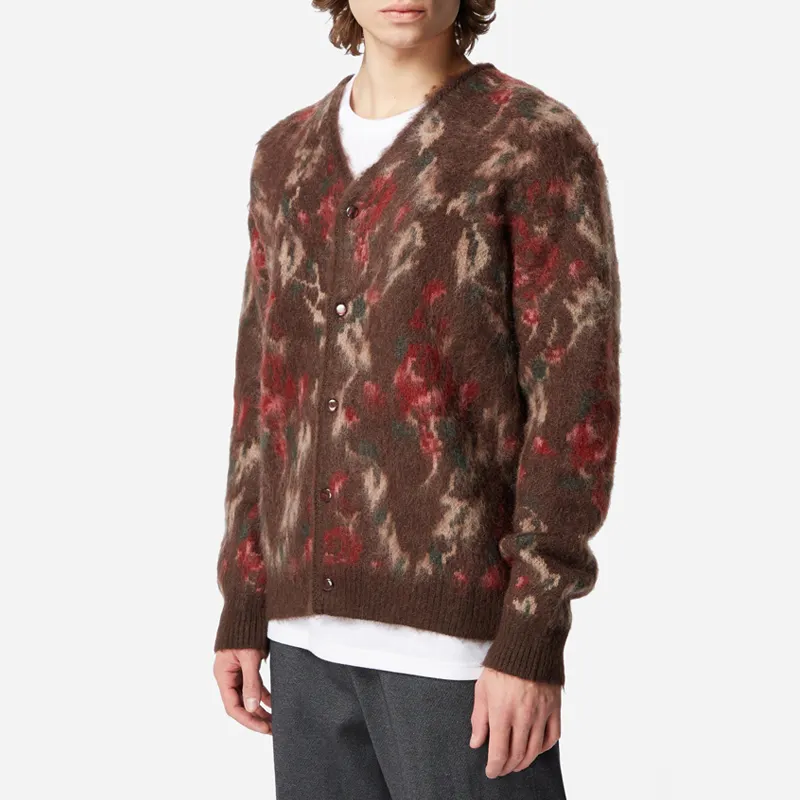Winter Fashion Custom Retro OEM ODM Cotton Jacquard Pattern Mohair Loose Plus Size Knit Cardigan Men Sweater