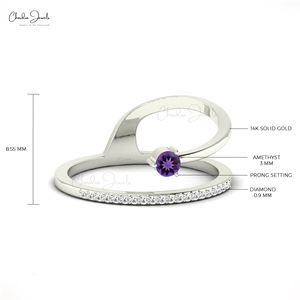 Anillo delicado de amatista auténtica de corte redondo de 3mm, anillo de mujer con vástago dividido de diamante blanco de oro sólido de 14K, joyería nupcial al por mayor hecha a mano - Product Image 3