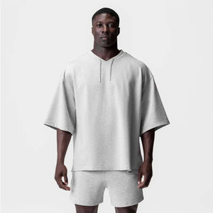 Men Oversized Light Grey Short Sleeve Hoodie Loose Fit Streetwear <b>Hooded</b> <b>T</b>-<b>Shirt</b> Casual Urban Top 100% Cotton Eco-Friendly - Product Image 1