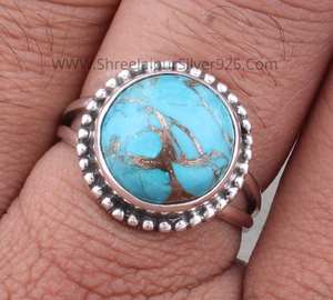 แหวนพลอยเทอร์ควอยซ์สีทองแดงสีน้ำเงิน925อัญมณีเงินแท้แฮนด์เมดเครื่องประดับ Boho ของขวัญขายส่ง - Product Image 1