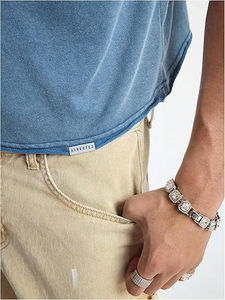 Débardeurs pour hommes en coton 100% imprimé argyle, manches courtes, col rond, ample, décontracté, tricoté, 220g - Product Image 3