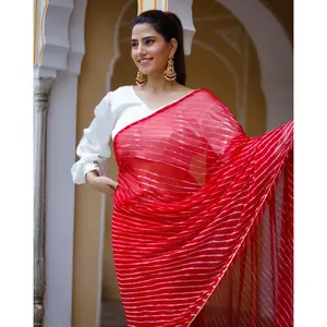 Sari Ligero con Adornos Rojo Rosa para Mujer, Estilo Leheriya, para Fiestas - Product Image 1