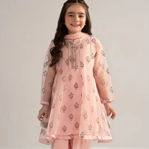 Vestido largo paquistaní para niñas y niños con bordado Zari y tela acrílica Dupatta en contraste para fiesta Eid y ropa festiva - Product Image 1