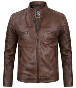 Veste de motard en cuir véritable en peau de mouton aniline à fermeture éclair Gatsby marron pour hommes avec doublure marron matelassée et poches intérieures extérieures - Product Image 5