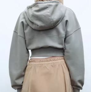 Vente en gros Sweat à capuche gris uni avec logo sur le devant Fermeture à glissière complète Col à capuche pour les saisons d'automne - Product Image 5