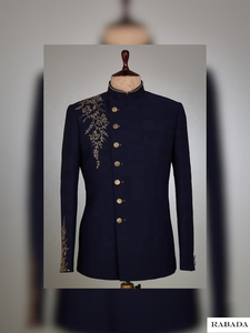 Bandhgala bleu de créateur brodé à la main, veste Jodhpuri traditionnelle bleue pour marié, veste Jodhpuri indienne de mariage, tricotée à la main - Product Image 6