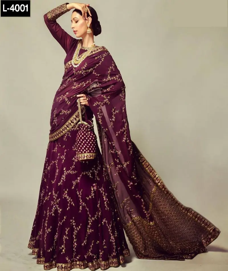 Zari sıra çalışması ve Dori iş sari ile Lehenga Saree giymek için hazır bu dokuma tarafından yeni Modern desen Georgette şık