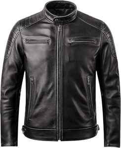 Best Sale New Arrival Vintage Style <b>Genuine</b> Leather Casual Wear Cotton <b>Nylon</b> Zipper Closure Windproof Men Leather jacket - Product Image 1