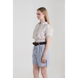 TOPSHOW Women's Blue Striped Belted <b>Linen</b> Blend Casual Shorts for Summer Beachwear & Wholesale Orders - Product Image 3