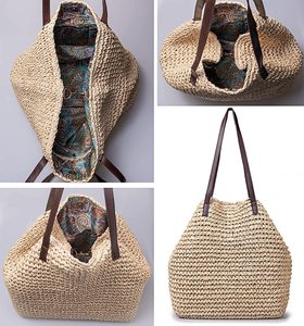 Sac fourre-tout en paille pour femmes grande capacité Shopping fourre-tout bohème sac à bandoulière voyage sac de plage avec doublure OEM - Product Image 2