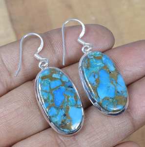 Boucles d'oreilles en argent sterling turquoise cuivre bleu, bijoux faits à la main, pierre de naissance de décembre, cadeau élégant pour femmes - Product Image 4