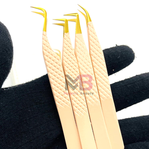 Puntas plateadas recubiertas de Color desnudo más vendidas, pinzas de extensión de pestañas con agarre de diamante, acero inoxidable con nombre de marca personalizado - Product Image 1