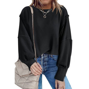 Drop Shoulder Womens Oversized Crewneck Sweatshirt Solid Color Side Slit Long Sleeve Pullover Slouchy Fit Tops pour les femmes - Product Image 2