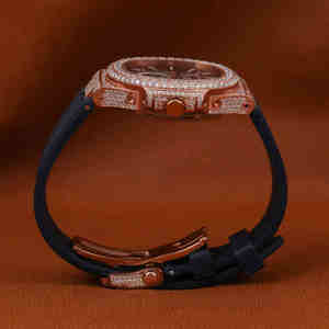 Reloj Hip Hop de lujo para hombre con esfera geométrica, reloj de cuarzo helado de oro rosa, correa de cuero negro, diseño de moda personalizado - Product Image 5