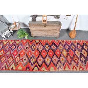 Tapis turc Kilim vintage rouge et violet Patchwork Design classique 3.7 X 11.9ft tissage plat laine avec support en latex pour adolescents - Product Image 5