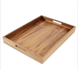 Plateau de service rond en bois d'acacia avec poignées pour servir des boissons décoratives d'Inde - Product Image 5