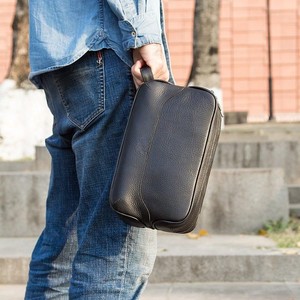 Leather Toiletry <b>Bag</b> With Zipper Closure Soft Handle Medium Capacity Classic Style Travel Dopp <b>Kit</b> Black - Product Image 6