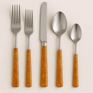 Juego de cubiertos de acero con espejo, mango de resina dorada y miel ámbar, cuchara de cena de acero inoxidable de lujo, tenedor, cuchillo, cubiertos, cocina de 5 piezas - Product Image 3