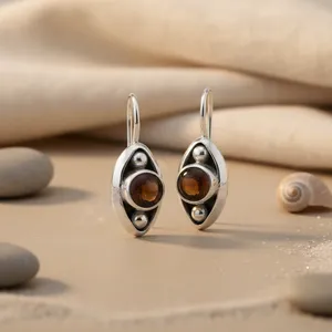 Pendientes de Plata 925 con Gema Marrón, Baño de Oro Rosa, Diseño Geométrico para Bodas y Fiestas, Piedra Platino-Perla-Diamante - Product Image 2