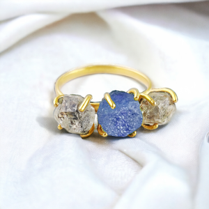 Bague en diamant et tanzanite Herkimer à trois broches en pierre naturelle Anneaux bruts en pierre de naissance Bague en pierres précieuses artisanale en gros - Product Image 1