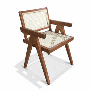 Fauteuil d'appoint V-Leg fait main GCF166 en cuir inclinable avec accoudoirs en bois de frêne et dossier en rotin tressé pour la maison et le bureau - Product Image 1