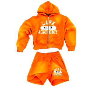 Ensemble sweat à capuche zippé et short pour homme streetwear personnalisé avec patchs brodés délavés à l'acide et sweats à capuche survêtement - Product Image 1