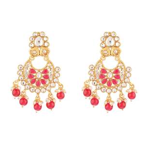 Bijoux de mariée indiens collier ras du cou en fausse perle de cristal boucles d'oreilles Chaandbali avec ensemble de bijoux Maang Tikka pour femmes, rouge - Product Image 6