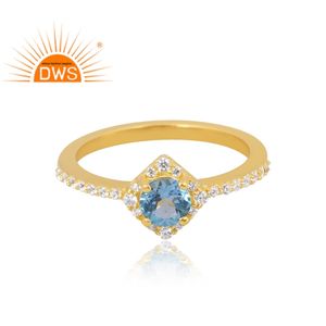 แหวนพลอย925ชุบทอง18K ชุบทอง18K แหวนพลอยบุษราคัมสีฟ้าเพชรสังเคราะห์จากธรรมชาติ - Product Image 3