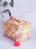 Pochette de toilette vintage en coton imprimé floral jaune, écologique, résistante à l'eau, durable, pour le voyage, avec fermeture éclair