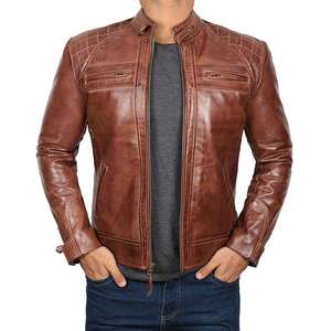 Veste de moto en cuir véritable pour homme, en peau de mouton, décontractée, respirante, de haute qualité, en toile, service OEM, logo avant - Product Image 5