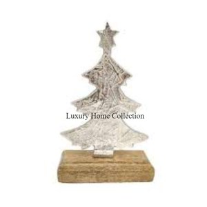 Christmas Tree Shape Metal Silver Color Decorative <b>Sculpture</b> and Home and Tabletop Designer Statue With Silver Color & <b>Wood</b> Base - Product Image 2