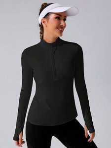 Women <b>Black</b> Half Zip <b>Long</b> <b>Sleeve</b> Activewear <b>Top</b> Quick Dry Breathable Workout Pullover Yoga Running Gym Sportswear Streetwear - Product Image 5