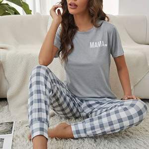 Quantité minimale de commande bas grande taille grande taille femmes col rond manches courtes haut et pantalon long ensemble de pyjama confortable - Product Image 1