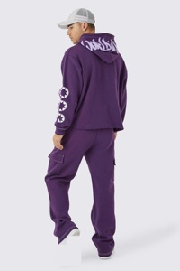 Chándal con capucha y cremallera personalizado para hombre, conjunto de pantalones de chándal con parche bordado acampanado apilado, primavera sólida - Product Image 4