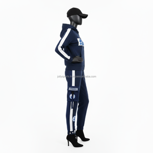 Women Luxury Cotton Blend <b>Fleece</b> Tracksuit 300 GSM <b>Navy</b> Blue Full Zip Hoodie Contrast Panel Custom Logo Tracksuits Plus size - Product Image 3