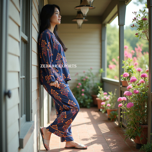 Ropa de dormir estampada, hermoso conjunto de pijama de algodón para mujer, conjunto de ropa de dormir de uso diario, lo último en Moq bajo, hecho a medida, OEM y ODM - Product Image 2