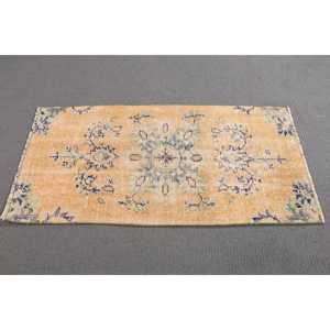 Vintage 1.8x3.8 ft Rug, Small Turkish Rug, <b>Yellow</b> Blue Ikat <b>Wool</b> Rug - Product Image 2