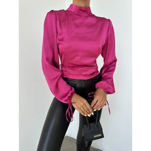 Blusa Corta de Satén Fucsia para Mujer Mybeefashion - Elegante Top de Mezcla de Algodón para Uso Diario e Informal - Product Image 1