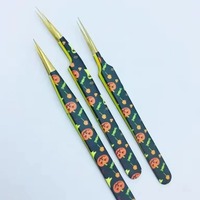 Pince à cils personnalisée avec logo, en acier inoxydable durable, nouvelle impression papier Halloween, pointe dorée