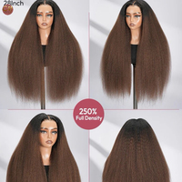 Perruque Lace Front Ombrée Brune Yaki Lisse, 100% Cheveux Humains Vierges, Pré-Pluckée, Dentelle HD, Densité 200, Longue, pour Femmes Noires