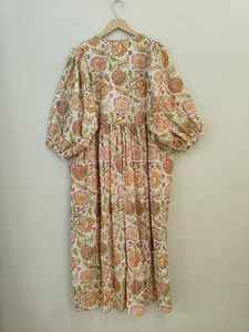 Robe de soirée décontractée bohème pour femmes en coton à imprimé floral fait main, longueur au sol, col en V, manches longues, été - Product Image 6