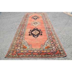 Alfombra de lana de estilo turco Vintage 5,2X11,5 pies naranja clásico con patrón de retazos geométricos con respaldo de látex para uso en la sala de estar - Product Image 1