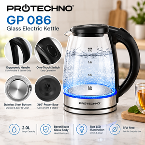 Hervidor de <span class=keywords><strong>agua</strong></span> eléctrico de vidrio Protechno de 2.0L, 2000W, hervidor de <span class=keywords><strong>agua</strong></span> de ebullición rápida, tetera inalámbrica con luz LED azul GP086 - Product Image 2