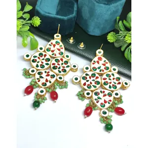 <b>Large</b> Kundan & Red Green <b>Beaded</b> Drop Earrings Fashion Style with Intricate Shape - Product Image 2