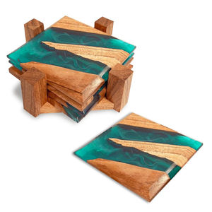 Wholesale Handmade Acacia Walnut Wood Epoxy Resin Drink <b>Coasters</b> Set Of 4 Unique Teal <b>Blue</b> River Design Tableware Barware - Product Image 3