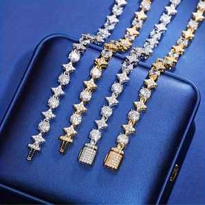 925 Sterling <b>Silver</b> Round Brilliant Cut Diamond <b>Tennis</b> Chain <b>Necklace</b> Gold Plated Hip Hop Couple Fine Jewelry for Men Women - Product Image 4