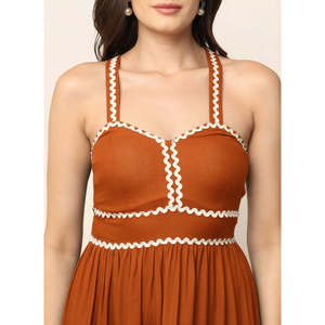 DEEBACO Women's Solid Brown Rayon Tiered <b>Dress</b> Sweet Heart Neck Sleeveless Fit and Flare Maxi Length Party Casual Western Wear - Product Image 2
